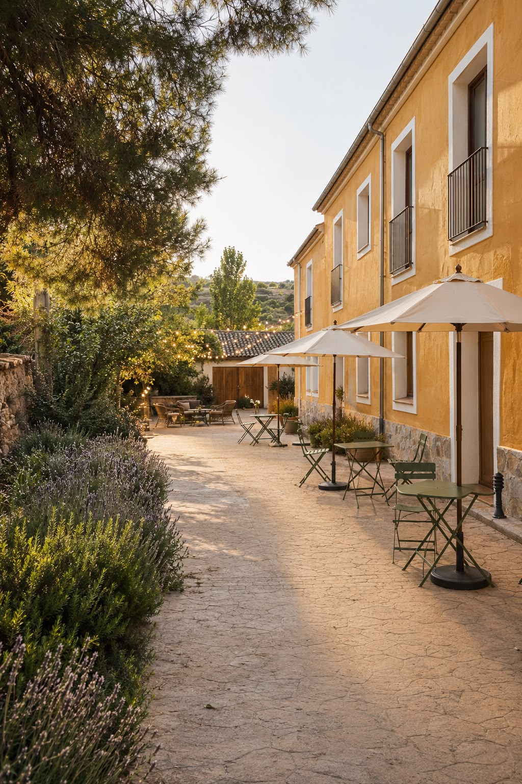 Exterior de los apartamentos con terraza y jardín
