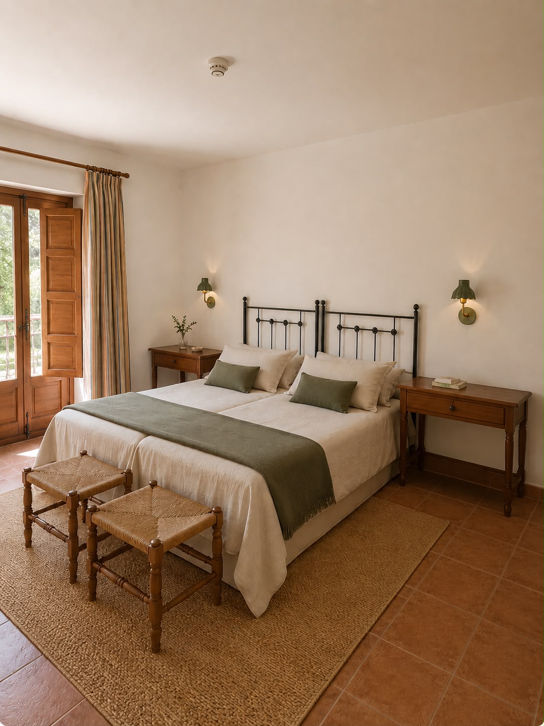 Habitación doble en tonos verdes con vistas al exterior
